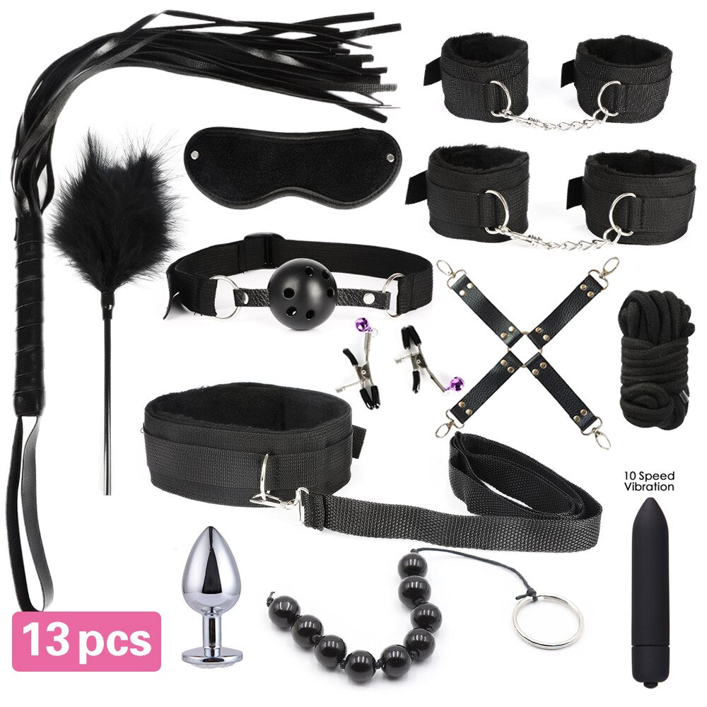 13pcs/set SM Bondage Restraint G Spot Vibrators Adult Game Props Women Sex Toy Noylon Handcuffs Clit Stimulator Adult Sex Shop