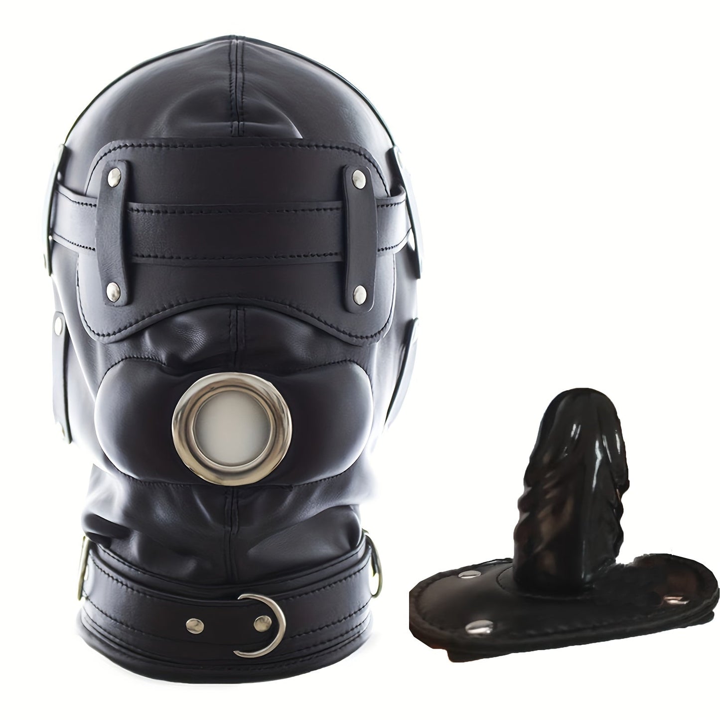 Black Leather BDSM Head Hood with Removable Blindfold And Dildos Mouthpiece Gag - Adult Sex Toy. SM Bondage Accessories Valentine'S Day Gift