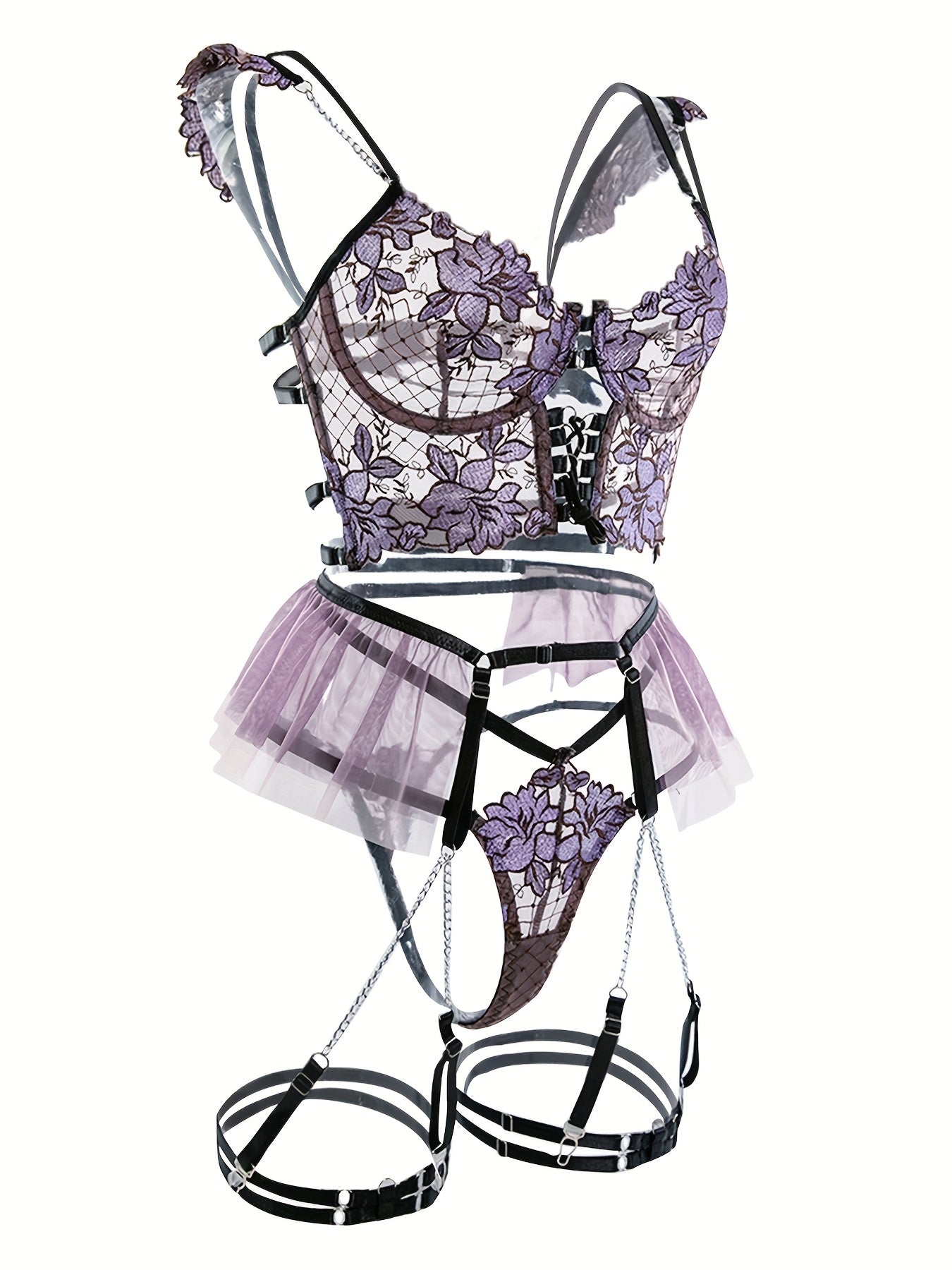 Women's Seductive Sheer Gauze Fishnet Lingerie Set with Floral Embroidery - V Neck Open Back Off The Shoulder Comfortable Bra with Underwire & Thong & Waistband with Chain Garter Belt - Perfect for Uniform Temptation