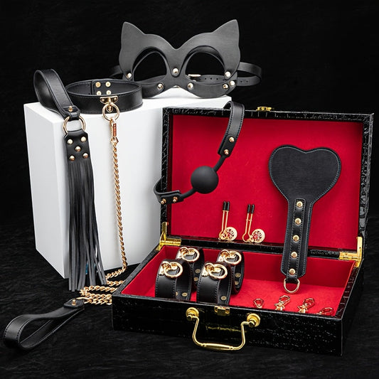 8pcs Leather Cat Ear Mask Set. Sexy Nipple Clip. Wrist Handcuffs. Collar. Drawstring. Edge Whip. Mouth Ball. Love Game Accessories. Sex Toys. Perfect Holiday Gift