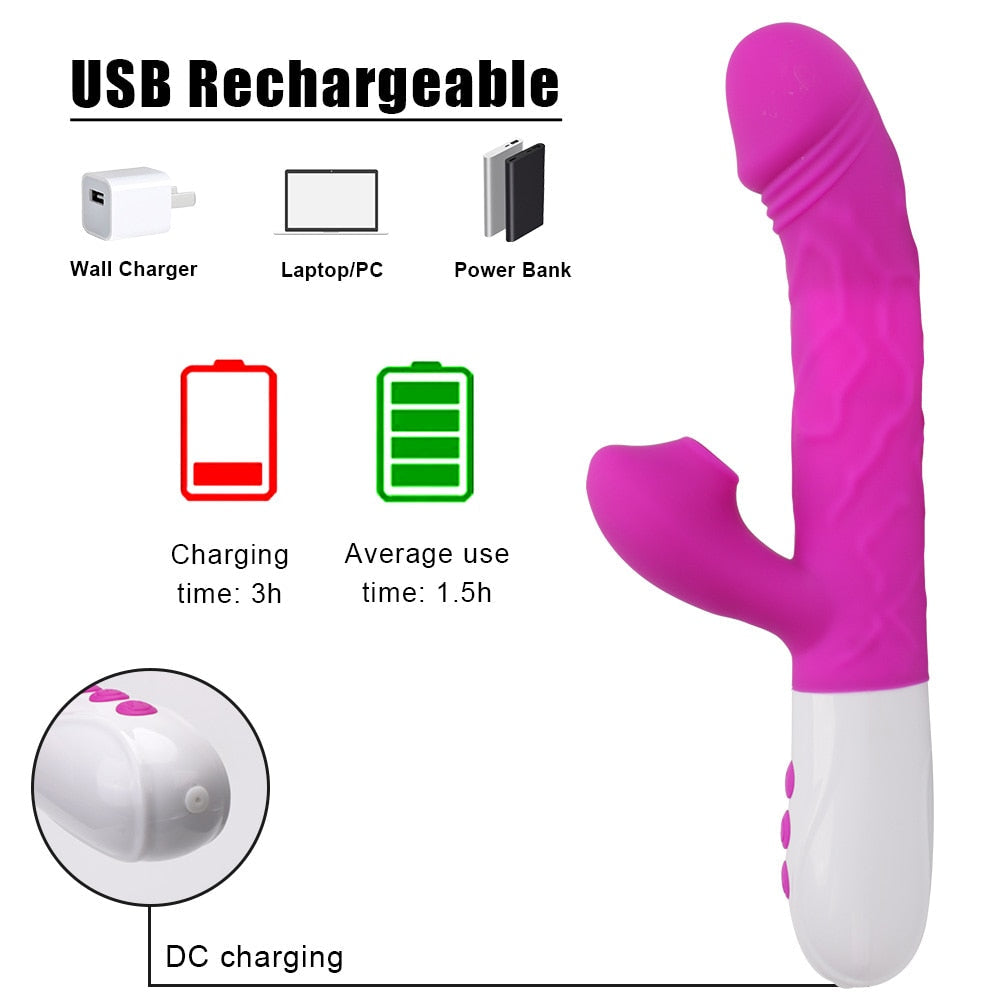 3 In 1 Heating Rabbit Vibrator Telescopic Rotating Dildo Clitoris Sucking Vagina G Spot Stimulate Vibrators Sex Toys for Women