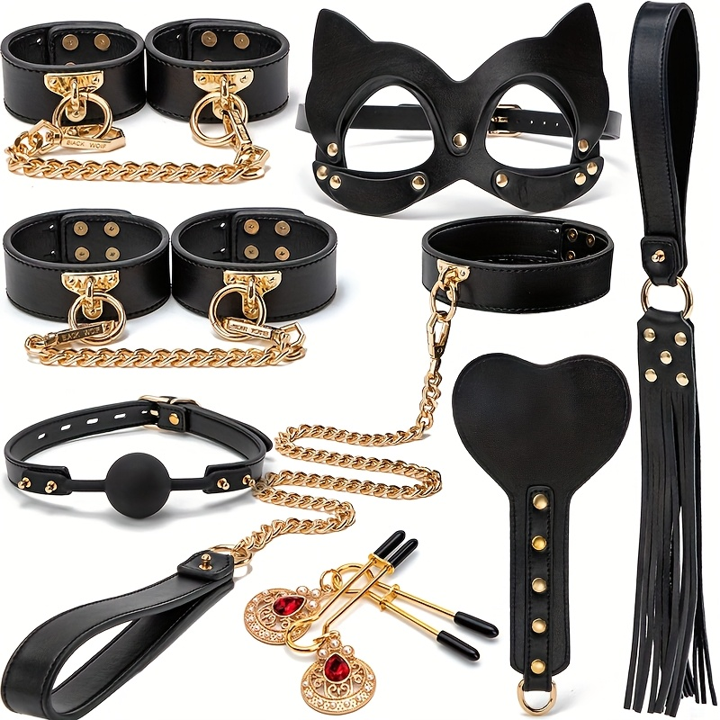 8pcs Leather Cat Ear Mask Set. Sexy Nipple Clip. Wrist Handcuffs. Collar. Drawstring. Edge Whip. Mouth Ball. Love Game Accessories. Sex Toys. Perfect Holiday Gift