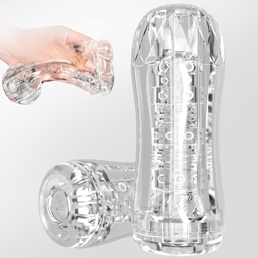 Manual Sucking Extrusion Male Masturbators. Portable Transparent Pocket Pussy Stroker with Vagina Textured Blowjob Sex Toys Penis TPE Masturbation Sleeve for Men