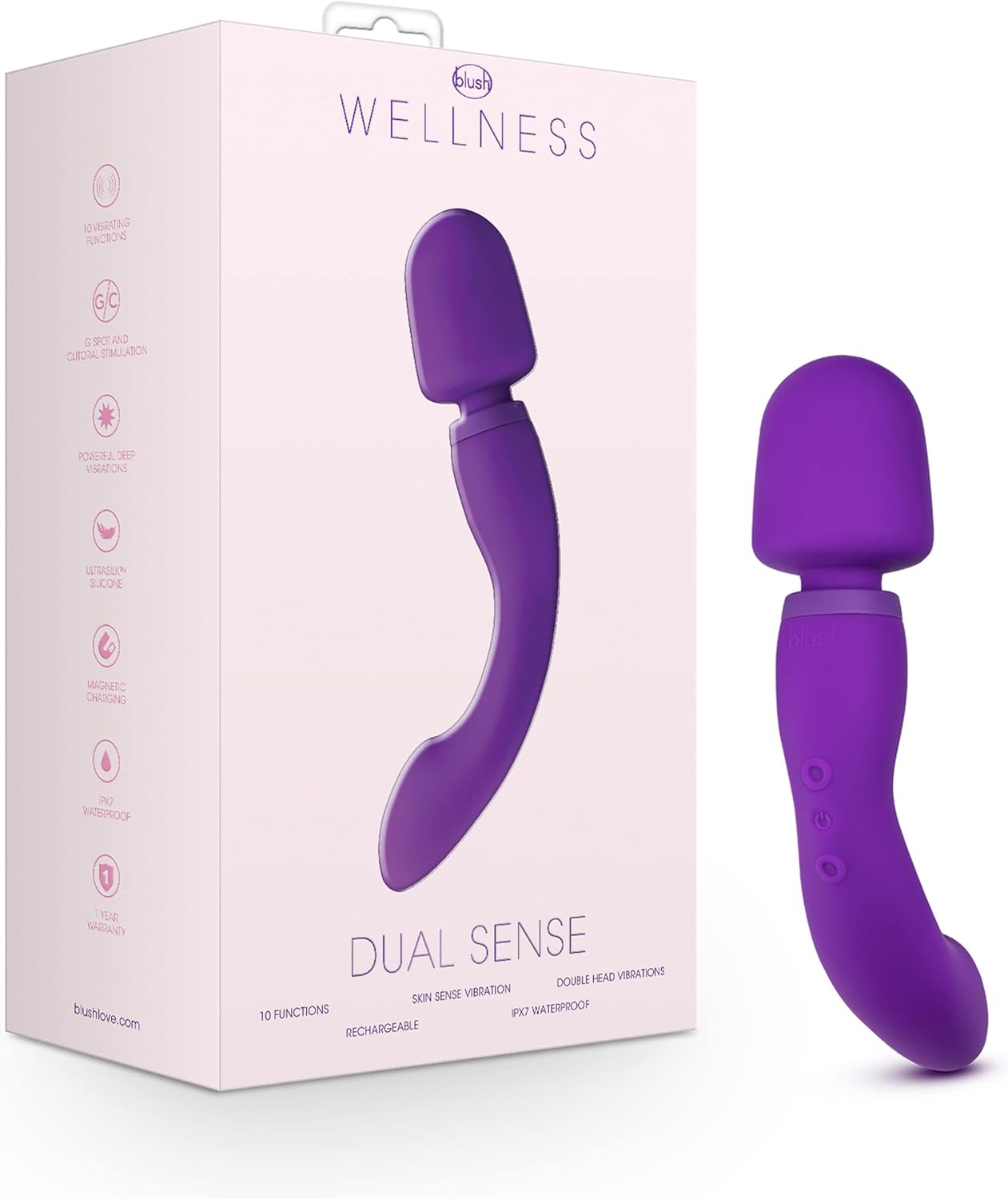 Blush Wellness Dual Sense - Innovative Touch Sensitive Ultra Soft Silicone Massage Wand - Target Sore Muscles- 10 Powerful Rumbly Vibration Functions On Both Ends of Massager - IPX7 Waterproof