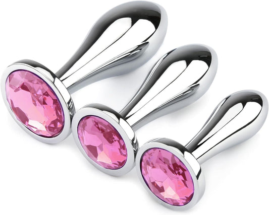 Anal Butt Plug. 3Pcs Set Metal Anal Butt Plug Sex Toy with Crystal Diamond Beginner Anal Toy for Adult Unisex (Pink)