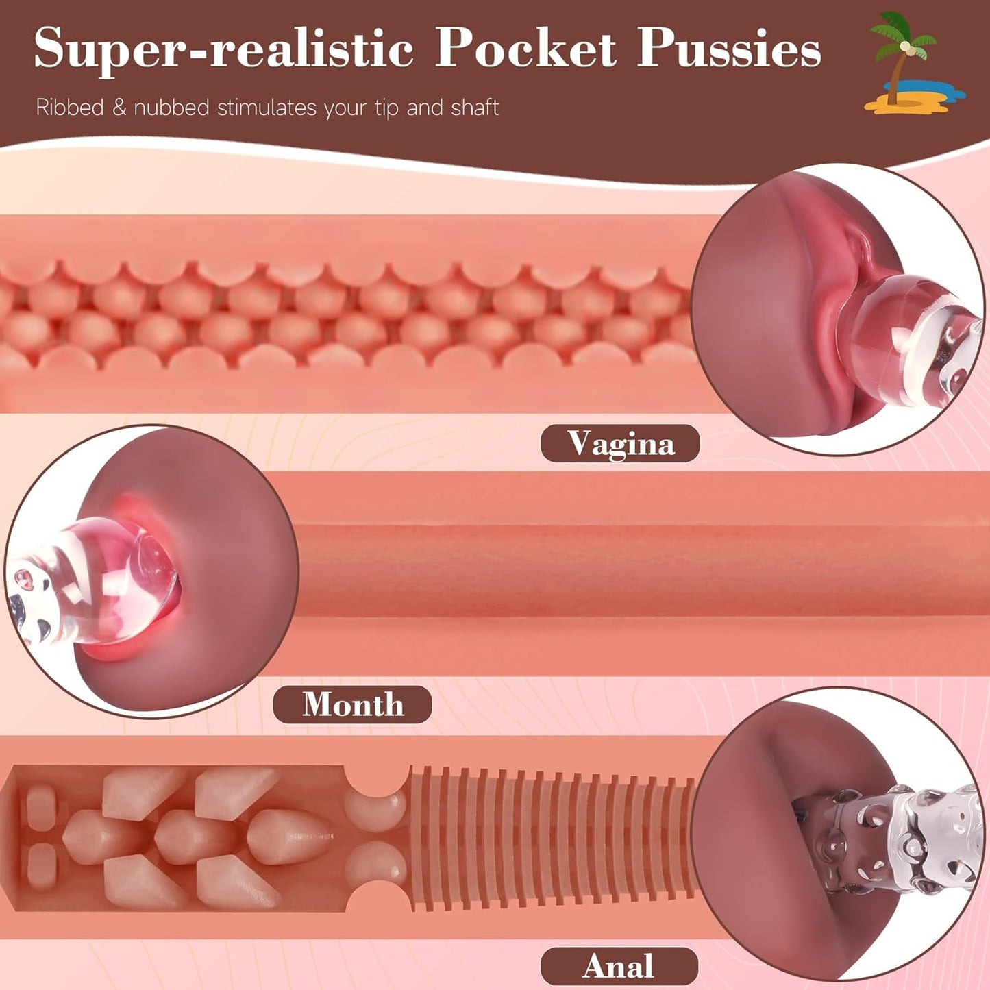 Sex Toys Male Pocket Pussies Sex Toy - Trio Pack of 3 Mouth Sex Doll. Vagina Blowjob Male Masturbator. Anal Flesh Light. Silicone Stroker for Mens Pleasure. Consoladores Sex Toys for Men