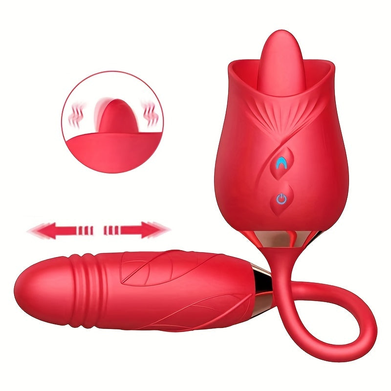 Rose Toy Vibrator For Women. 3 In 1 Clitoral Stimulator Tongue Licking Thrusting G Spot Dildo Vibrator With 10 Modes. Vaginal Anal Masturbation Massager. Rose Adult Sex Toys Games. Clit Nipple Licker For Women Man Couples