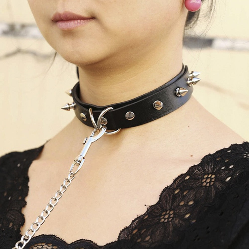 Adults Sexy Toy Erotic Faux Leather BDSM Choker Rivet Neck Collar Traction Rope Bondage Restraint Sex Toys for Couple Game