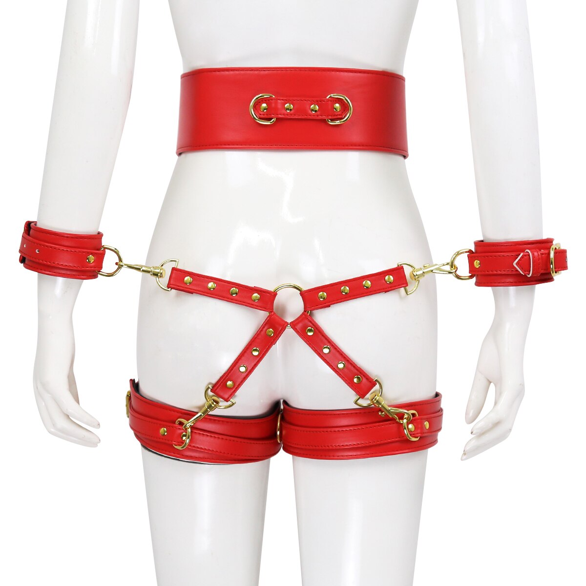 BDSM Sex Toy PU Leather Bondage Set Include Handcuffs.Belt. Legcuffs. Center Connection. Adult Toys Sex Bondage Toys for Women