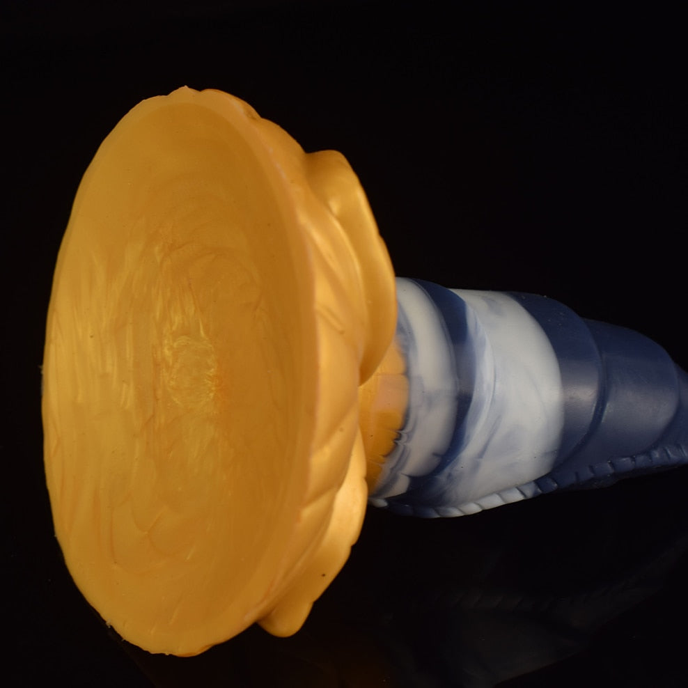 FAAK Large Base Butt Plug Blue and Gold Bud Shape Ribbed Anal Sex Toys with Suction Cup Adult Erotic Products Couple Flirting