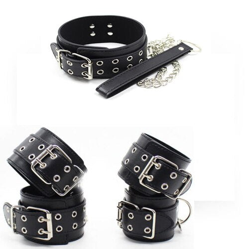 Male Female Black PU Leather Neck Collar Handcuffs Ankle Cuffs Wrist Chain Slave Bondage BDSM Fetish Restraints Kit Sex Toys