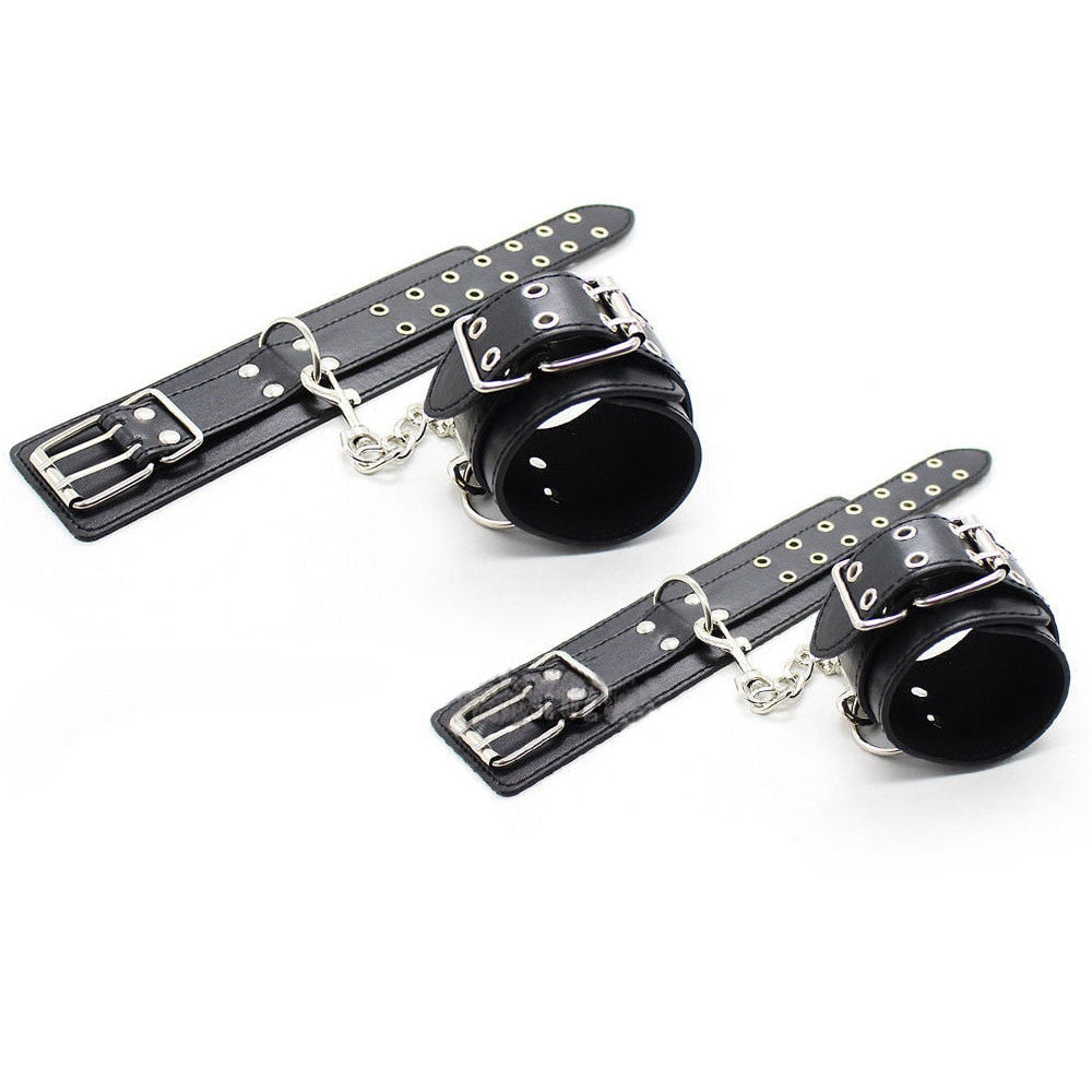 Male Female Black PU Leather Neck Collar Handcuffs Ankle Cuffs Wrist Chain Slave Bondage BDSM Fetish Restraints Kit Sex Toys