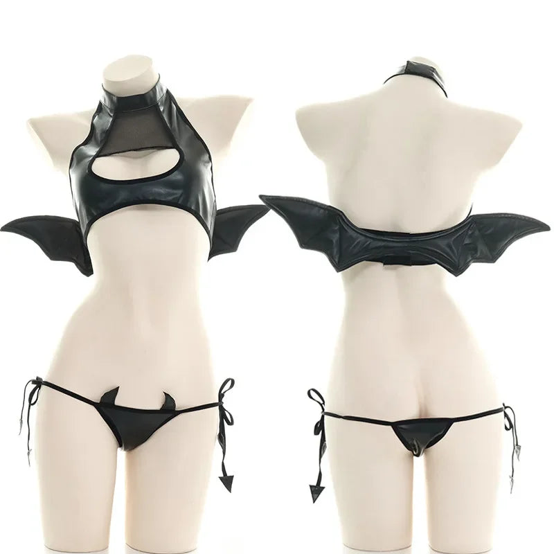 Sexy Patent Leather Women Lingerie Set Little Devil Wings Underwear SM Flirting Open Chest Underwear Porn Bra Costume