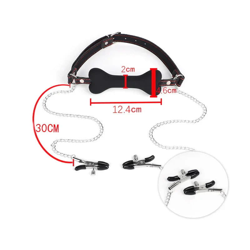 SM Sexy Leather Mouth Plug and Nipple Clamps. Silicone Dog Bone for BDSM. SM Bondage Game for Couples Enhance Sex Pleasure