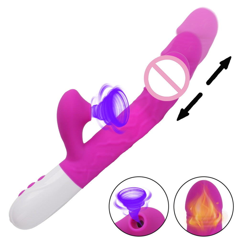 Sex Toys for Women Heating Vagina G Spot Stimulate Vibrators Telescopic Rotating Dildo 3 In 1 Clitoris Sucking Rabbit Vibrator