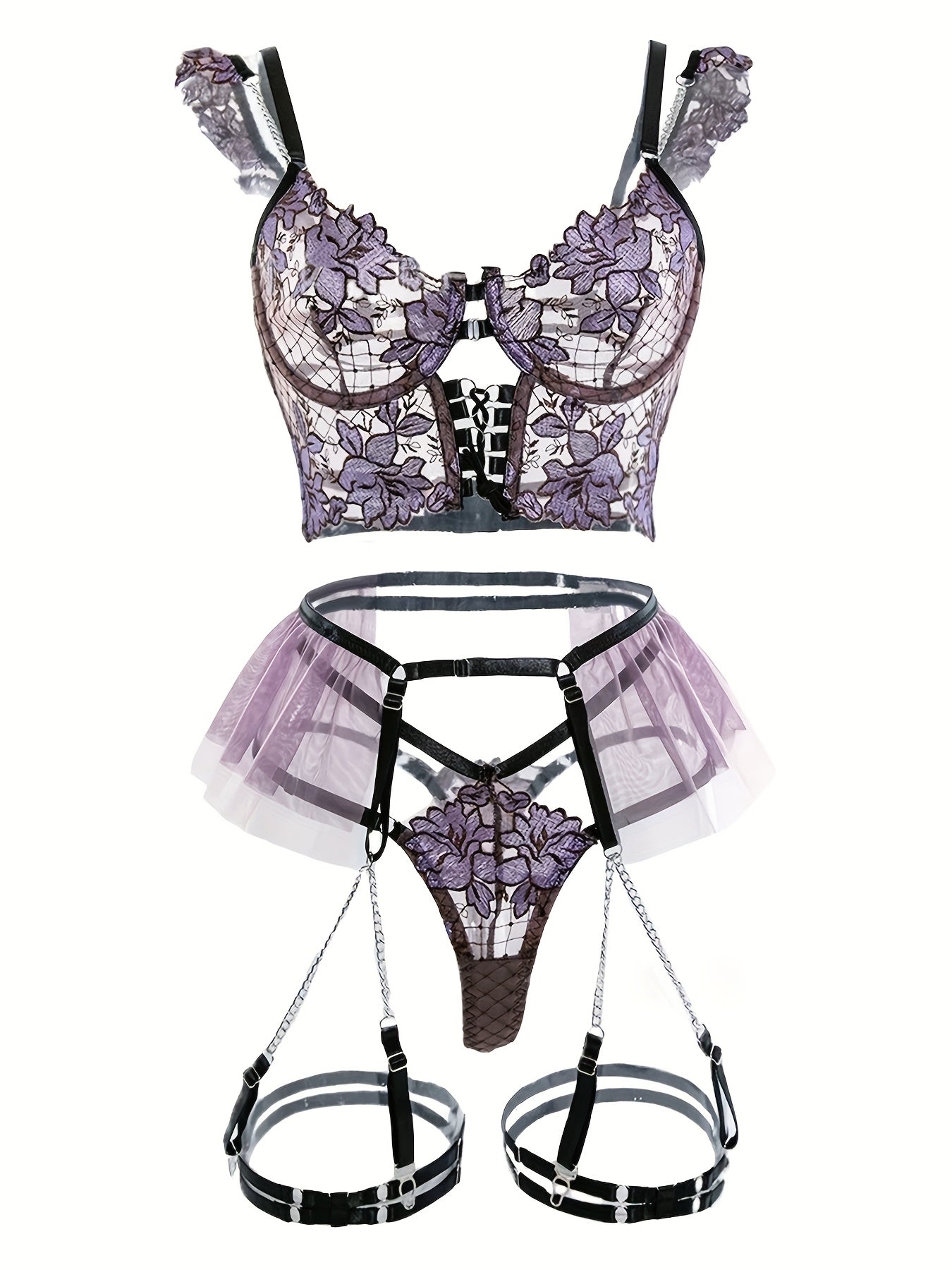 Women's Seductive Sheer Gauze Fishnet Lingerie Set with Floral Embroidery - V Neck Open Back Off The Shoulder Comfortable Bra with Underwire & Thong & Waistband with Chain Garter Belt - Perfect for Uniform Temptation
